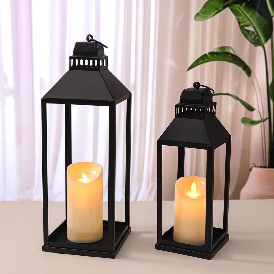 17" 13" Lanterns Decorative Indoor Outdoor, Set of 2 Modern Farmhouse Metal Black Lantern with Candles, Boho Rustic Decor Decorative Lanterns for Mantle, Fireplace, Patio, Porch, Home Decor