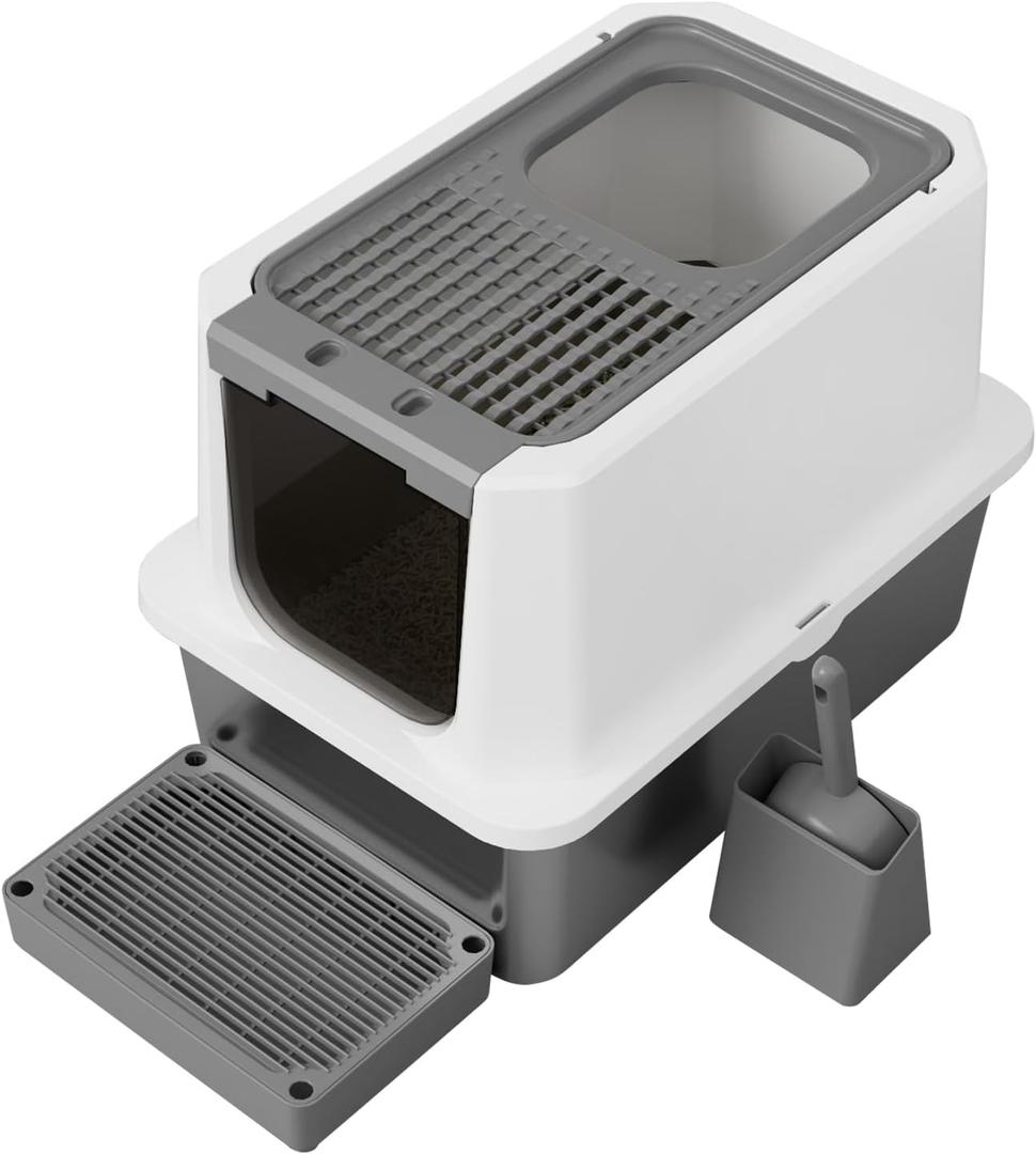 RIZZARI Large Cat Litter Box: Dark Gray Semi-Enclosed Stainless Steel Litter Box with Raised Edges - Anti-Leakage Odorless - Litter Pan for Small to Large Sized Cats in Bedroom Living Room, Size: 24"L*16"W*18"H