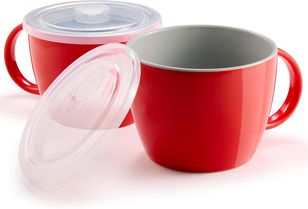KooK Soup Mugs, Soup Cups with Lid, Microwavable Soup Bowl with Handles, Ceramic with Plastic Lid, for Overnight Oats, Travel Cups, Oversized Coffee Mug, Cereal, 25 Oz, Set of 2, Cherry/Grey