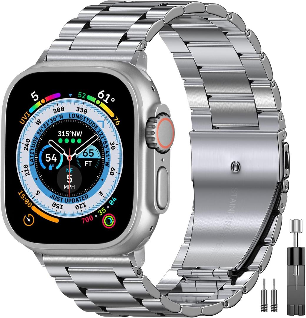 EPULY Compatible with Apple Watch Band 49mm 45mm 44mm 42mm 41mm 40mm 38mm, Business Stainless Steel Metal Watchband for iWatch Band Series 9, Ultra 2, SE, Ultra Series 8 7 6 5 4 3 2 1 Men & Women (Silver)