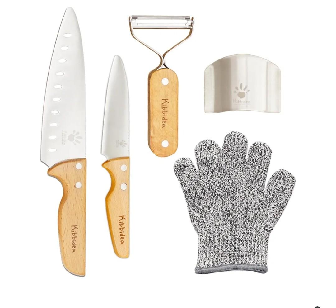 Kibbidea Kids Knife Set 4-Pieces, Stainless Steel, Wooden Handle Kids Knives for Real Cooking, Child Friendly Chef Knife for Cutting Chopping, BPA-free Kitchen Knives for Teenager 8-12