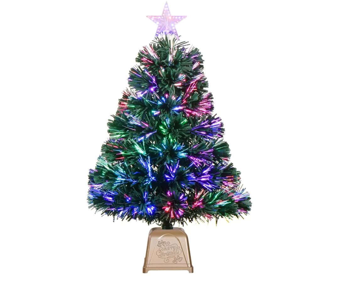 24inch Green Fiber Optic Christmas Tree,Pre-Lit Artificial Mini Christmas Tree, Tabletop Small Xmas Tree with Stars Holiday Home Decorations