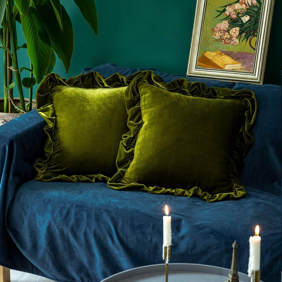 Velvet Throw Pillow Cover Soft Decorative Luxurious Solid Square Cushion Case for Sofa Couch Bedroom Farmhouse,Pack of 2, 18 x 18 Inches, Olive Green