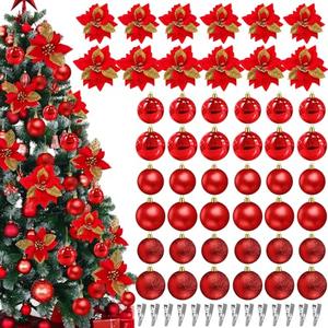 Threehoney 48 Pcs Large Christmas Ornaments Balls Poinsettia Tree Decorations Baubles Set 36 Christmas Ornaments Balls 12 Glitter Poinsettia Flowers Xmas Hanging Ornament(1.57'', 2.36'',Red)