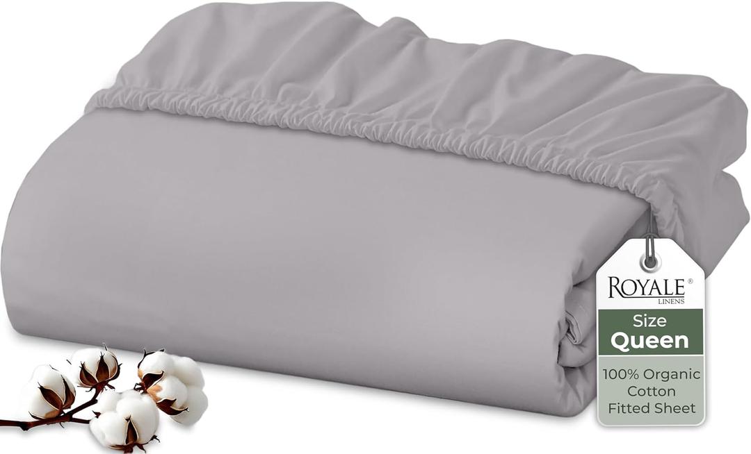 Royale Linens 100% Organic Cotton Fitted Sheet - Percale Weave - Super Soft Deep Pocket Bottom Sheets - Elastic Sheet Queen Size - Queen Fitted Sheets Only - (60"x80"+15", Silver)