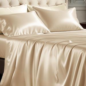 Bedsure Satin Sheets King Size - 4 Piece Silky Bedsheets with Elastic Corner Straps and 15 Inches Deep Pocket Fitted Bedsheet,1 Flat Sheet, 2 Satin Pillowcases, Good for Hair & Skin (King, Champagne)