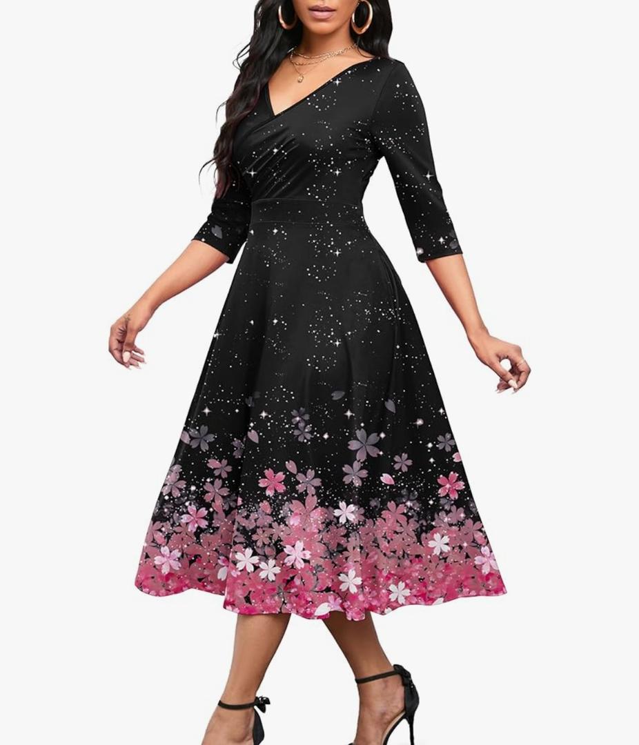 Nmoder Women's Casual Wrap Flared Midi Dress Wedding Guest Cocktail Tea Dresses A-Line Swing V-Neck 3/4 Sleeve, L