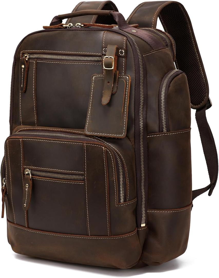 LANNSYNE Vintage Genuine Leather Backpack for men, 15.6" Laptop Backpack Travel Camping 24L Rucksack, 17" x 7.8" x 13.7"