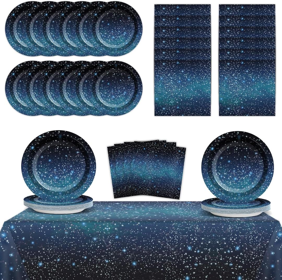 Galaxy Party Supplies Serves 24 Starry Night Party Paper Plates Napkins Space Theme Tablecloth Set Tableware Kit for Kids Birthday Party Baby Shower Dec