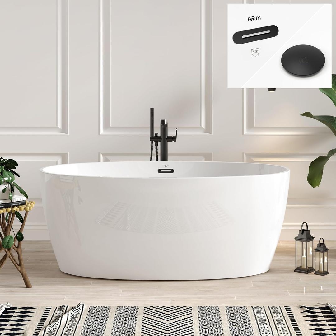 FerdY Tahiti 59" Acrylic Freestanding Bathtub, Elegant Oval Shape Soaking Bathtub, Glossy White, Matte Black Drain & Matte Black Overflow Assembly Included cUPC Certified