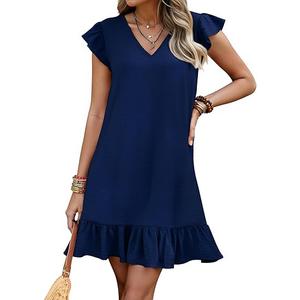 Women's Summer Mini Dress Flutter Sleeve V Neck Casual Loose Swimsuit Cover Up Flowy Ruffle Beach Vacation Sundresses XL