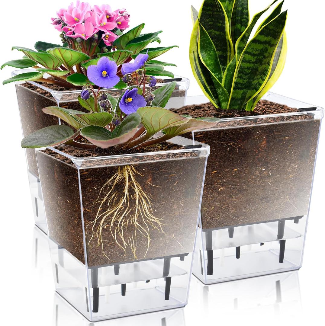 Self Watering Pots Set, 3 Pack 5 Inch for Indoor Plants, Clear Nursery Planter With Deep Reservoir for Spider Plant, Orchid, African Violet