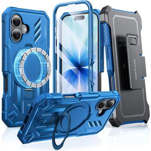 FNTCASE for iPhone 17 Phone Case: Magnetic Stand Case with Built-in Screen Protector Compatible with Magsafe & Belt-Clip Holster Ring Kickstand Military Grade Drop Protective Cell Phone Cover (Blue)
