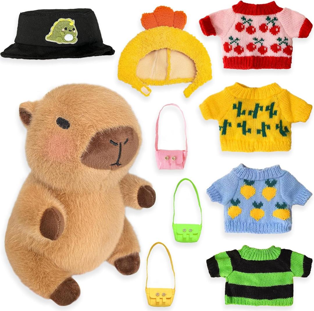 Capybara Plush with 9 pcs Clothes & Accessories, 10.2 in Cute Capybara Stuffed Animal Plush Toys, Dress Up Cute Plushies for Girls/Boys (Brown)