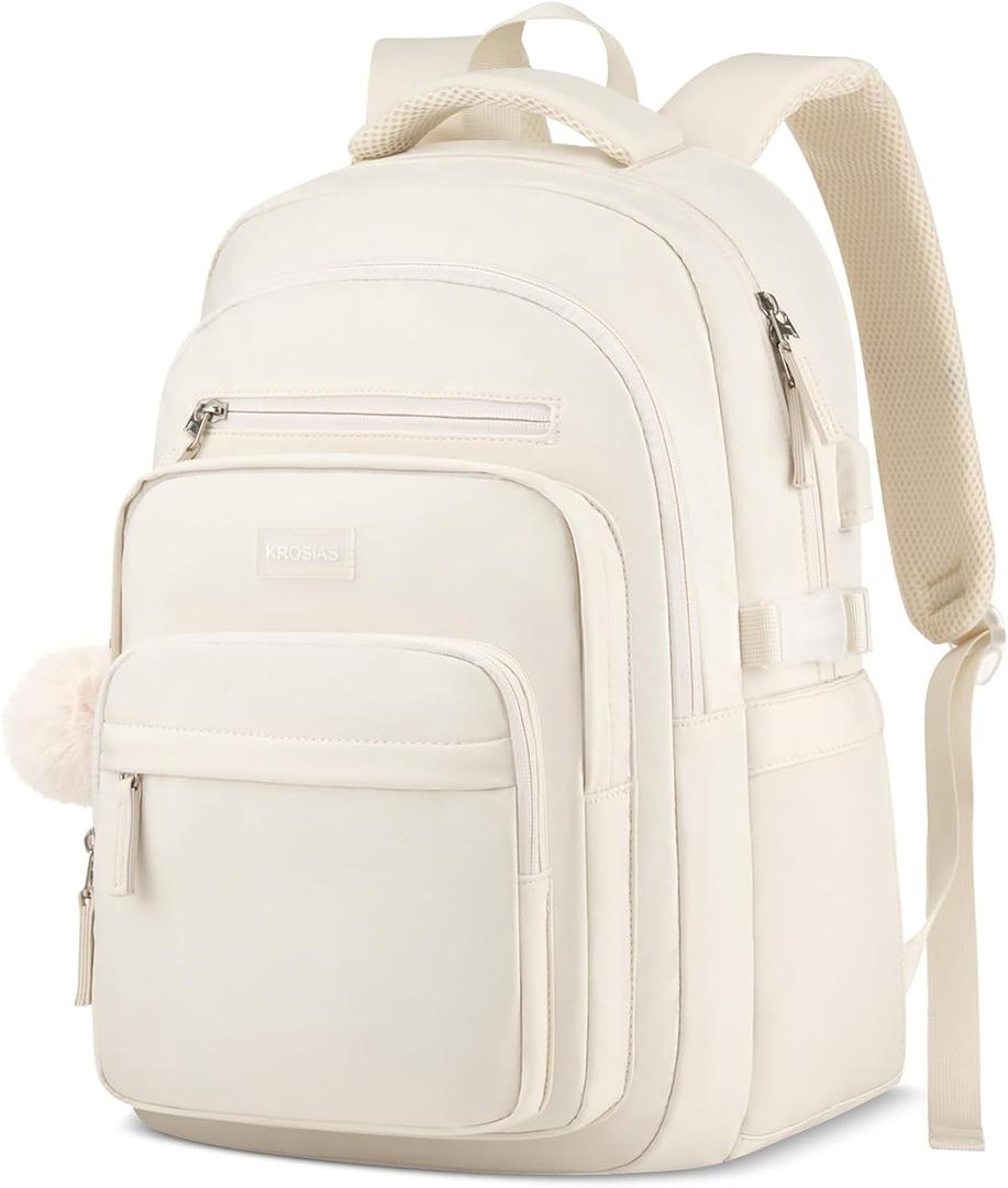Student Laptop Backpack for College Teen Girls, Middle High School Aesthetic Bookbag Large 15.6 Inch Laptop Bag Travel Back Pack for Women (Beige)