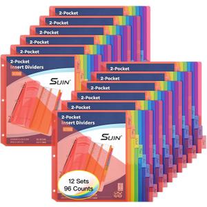 SUIN 8-Tab Insertable Binder Dividers with Double Pockets - Translucent Plastic Page Separators for 3 Ring Binder, Front & Back Storage, Durable Poly, Letter Size, Rainbow Colors, 12-Pack