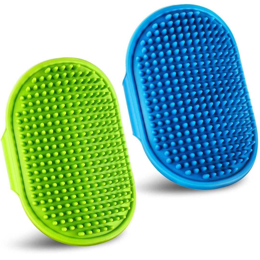 Dog Grooming Brush, Pet Shampoo Bath Brush Dog Grooming Shedding Brush Soothing Massage Rubber Comb with Adjustable Ring Handle for Long Short Haired Dogs and Cats 2pcs (Blue & Green)