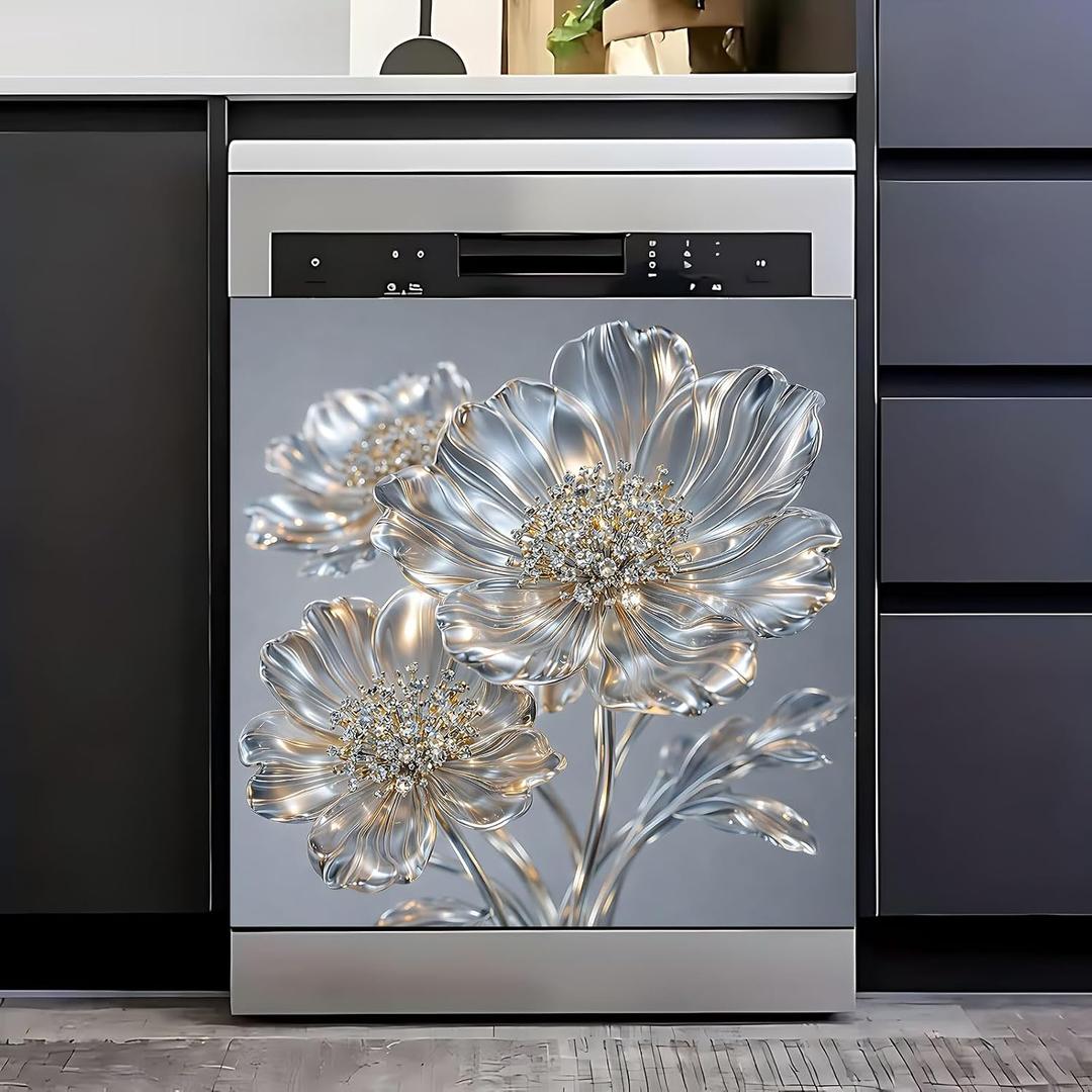Dishwasher Magnet Cover Floral 23x26 inch, Silver Metallic Decorative Magnetic Dishwasher Cover, Removable Waterproof Appliance Cover Magnet for Modern Kitchen Decor, 23 inches x 25.5 inches