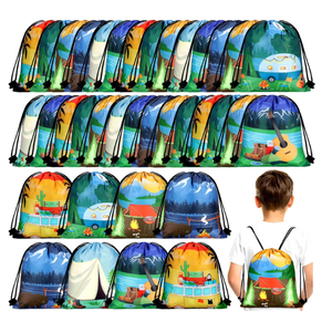 Woanger 24 Pcs Camping Party Favors Camping Adventure Drawstring Bags Goodie Candy Drawstring Bags Backpack Birthday Party Supplies Decorations for Boys Kids
