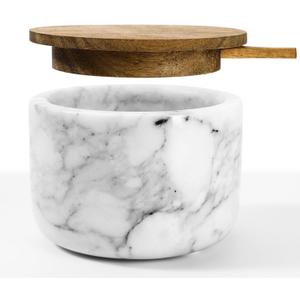Salt and Pepper Bowl, Marble Salt Cellar and Spices Storage Container With Built-in Spoon and Acacia Wood Lid - 6.5oz Capacity (White)
