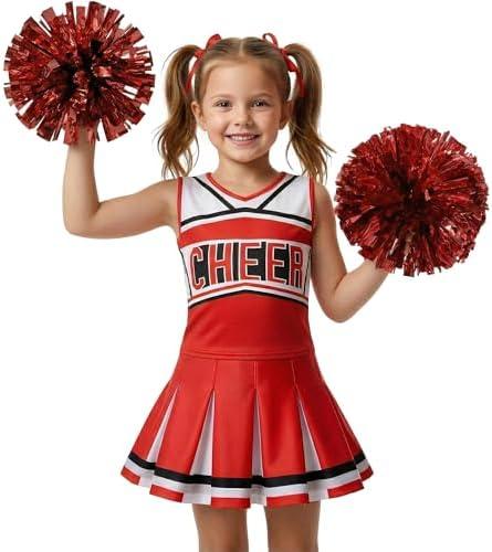 Koatobbor Girls Cheerleader Costume Cheerleading Outfit Dress for Halloween Party Birthday Gift, Red (Large, 6-7y)