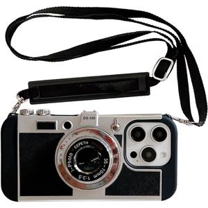 3D Vintage Camera Phone Case with Long Lanyard - Unique Cool Silicone PC Shockproof Crossbody Protective Case for iPhone 16 Pro Max- Black