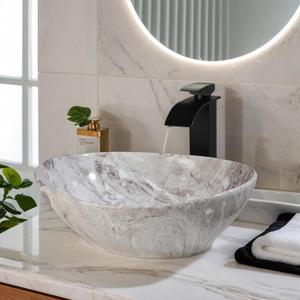 Ceramic Vessel Sinks Oval Bathroom Sink Above Counter Vessel Sink with Faucet and Drain Combo 16 inch Marbling Vessel Bathroom Sinks Bowl, 12.99 x 15.74 x 5.7 inches