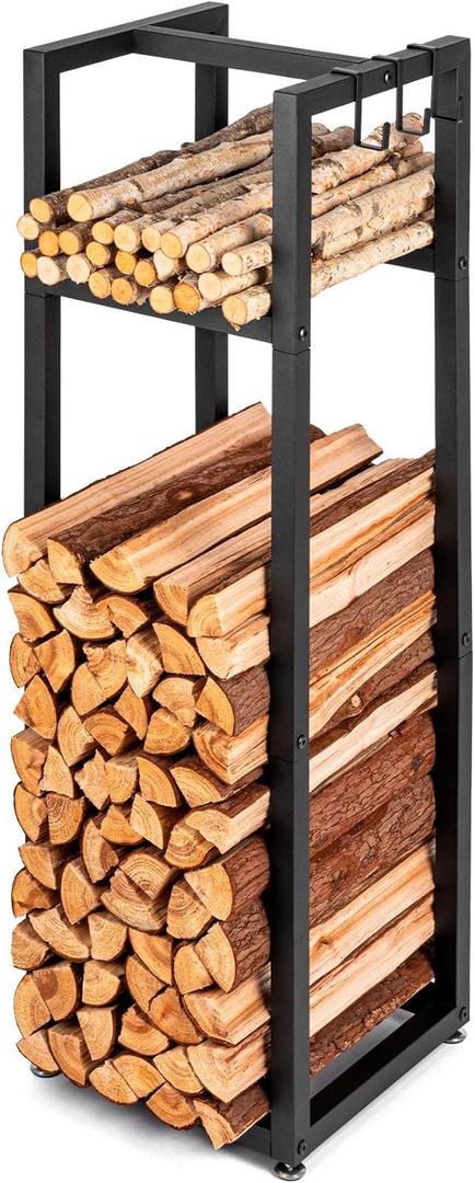 Firewood Rack Indoor Outdoor with Hooks - 39.8in Heavy Duty Fireplace Log Holder with Adjustable Feet, Metal Fire Wood Storage Racks & Enclosed Frame Fireplace Organizer