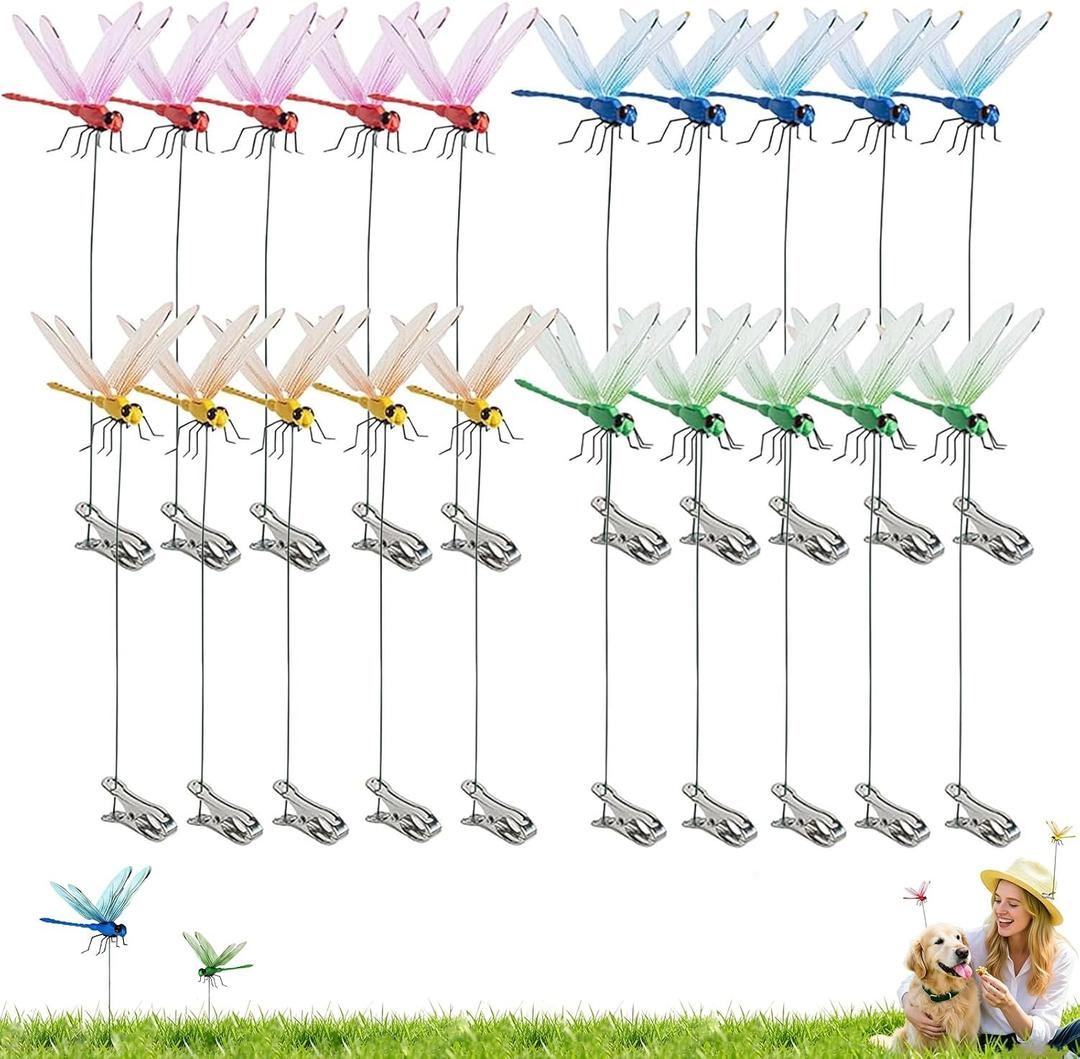 20 PCS New Simulation Dragonfly Clips, Lifelike 3D Fake Dragonfly Ornaments for Garden Decor & Yard Art, Clip-On Accessories for Hats, Backpacks & Horses, Indoor Outdoor Decoration