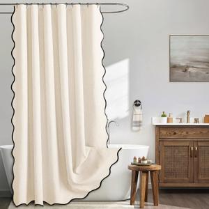 MIULEE 84" Long Scalloped Shower Curtain Linen Textured with 12 Metal Hooks Cute Extra Long Heavy Duty Washable Waterproof Cloth Shower Curtains with Black Border for Bathroom Hotel,Cream White