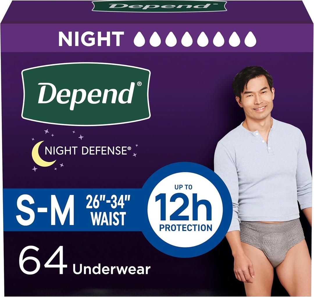 Depend Night Defense Adult Incontinence Underwear for Men, Disposable, Overnight, Small/Medium, Grey, 64 Count (4 Packs of 16), Packaging May Vary, S-M
