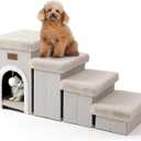 Dog Stairs for Small Dogs with Storage and Condo, 17.5" H Foldable Pet Stairs for Small Medium or Puppy Dogs and Older Cats, Dog Steps for Bed or Couch, 13x35x17.5 inch, 4 Tiers, Beige