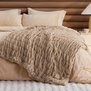 Bedsure Gentlesoft Double-Sided Ruched Faux Fur Throw Blanket for Couch, Cozy Soft Fuzzy Fluffy Faux Rabbit Fur Blanket, Luxury Gifts for Women Thick Warm Plush Room Decor, 50X60 Inch, Light Brown
