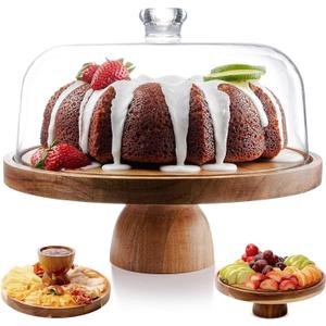 Acacia Wooden Cake Stand with Lid, 2-in-1 Dessert Display Set, 12 Rotating Cake Holder, Detachable Design, Acrylic Cake Dome Cover, Multi-Functional Serving Platter for Cakes, Pastries, & More