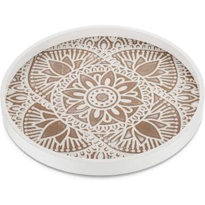 Hanobe Decorative Serving Tray Round: Farmhouse Coffee Table Decor Boho White Mandala Trays for Living Room Kitchen Bathroom Display (11.8")