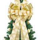RUSPEPA 1pcs Large Christmas Tree Topper Bow, Glitter Luxury Gold Plaid Design, Holiday Decoration Gift Bow for Christmas Tree, Wreaths, Gift Boxes, Party Decor, Wedding, Indoor/Outdoor Use, 13" x 52"