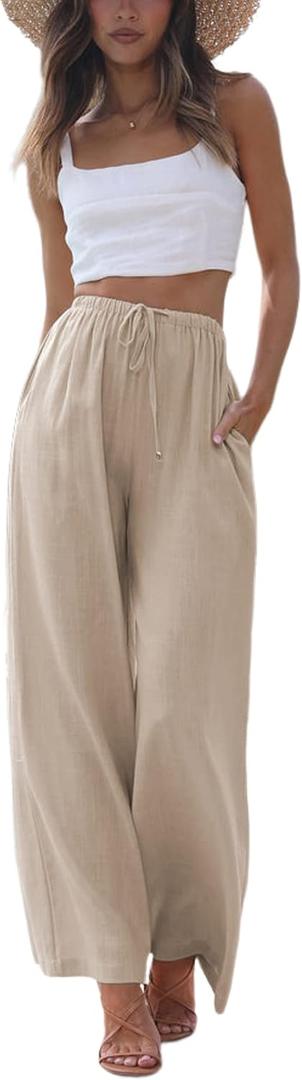 Faleave Women's Cotton Linen Summer Palazzo Pants Flowy Wide Leg Beach Trousers with Pockets (Large, Khaki)