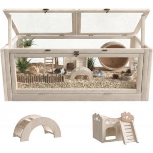 Wooden Hamster Cage with Small House and Bridge, Hamster Habitat with Lockable Design, Small Animal Habitat with Openable Top and Front Doors for Gerbil Guinea Pig Rat, 32" L*16" W*16" H