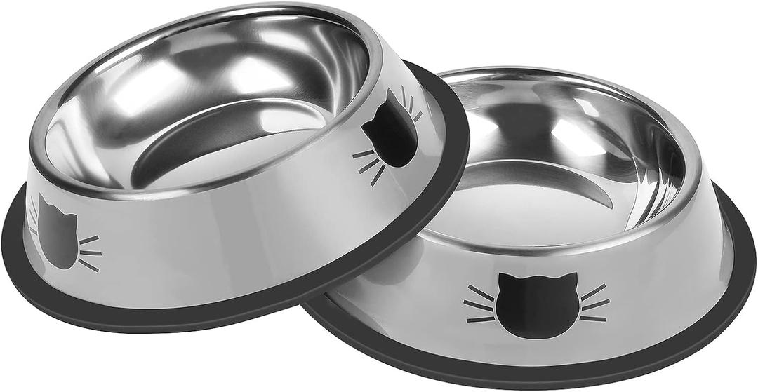 2 Pcs Non-Slip Stainless Steel Small Cat Food Bowls - Unbreakable, Thicken 7 Oz Cat Dishes - Indoor, Removable Rubber Base, Easily Clean, Lovely Color (Silver)