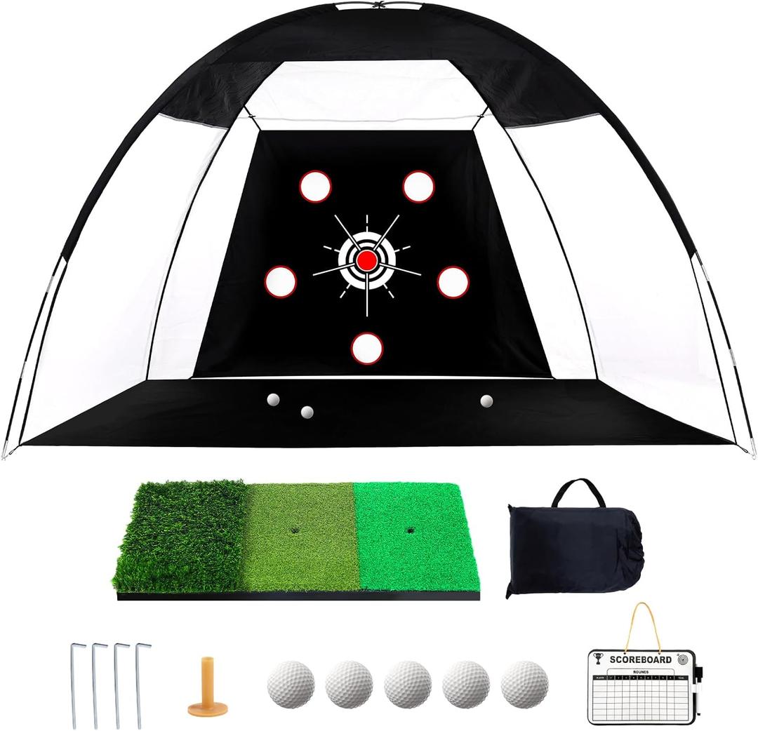 Golf Net 10x7ft, Golf Practice Net for Backyard with 5 Target Holes & Bullseye All-in-One Golf Hitting Net Kit with 3-Turf Mat for Indoor/Outdoor Swing & Chipping Training