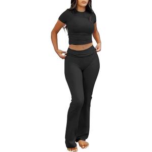 Darong Women's 2 Piece Lounge Set Fold-Over Flare Pants Short Sleeve Cropped Top Set Casual Outfits Pajamas Set S