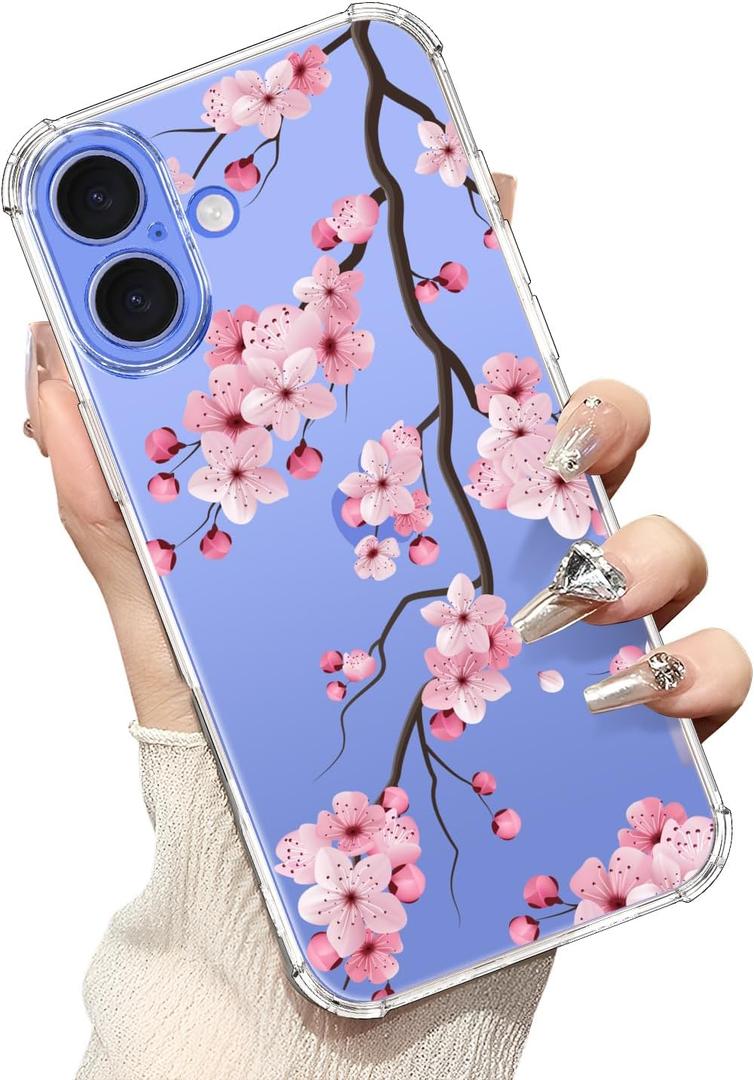 bicol for iPhone 16 Case with Screen Protector,Enhanced Camera Protection,Clear TPU Cover with Trendy Designs for Girls Women,Slim Fit Protective Phone Case,Blooming Cherry