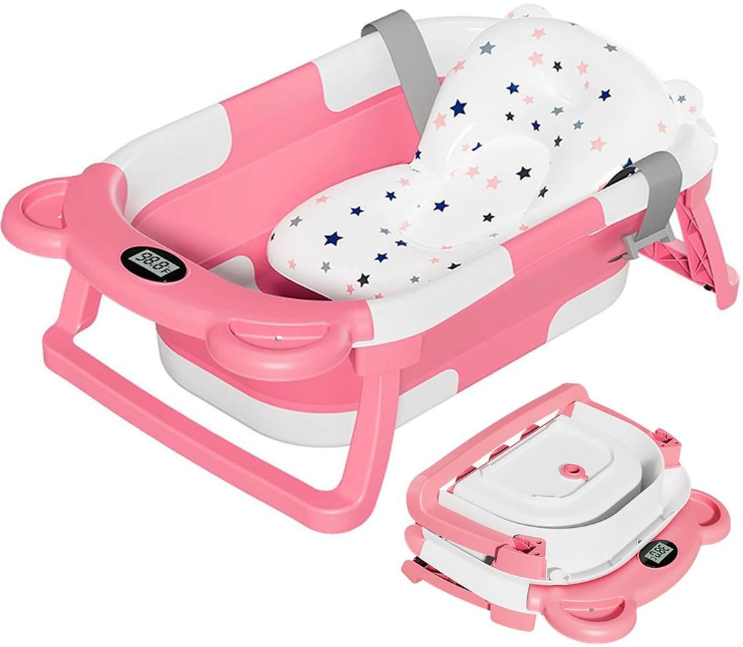 TPN Collapsible Baby Bathtub, Baby Bath Tub with Soft Cushion & Real-Time Thermometer, Baby Bathtub Infant to Toddler Tub (0-36 Months), Portable Newborn Travel Bath tub (Pink)