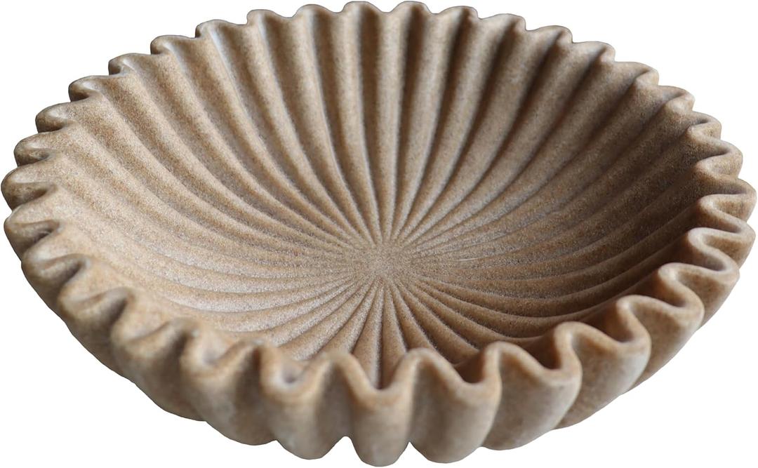 10" Large Decorative Bowl decor, Scalloped Bowls for Modern Home Decor,Ruffle Decor,Stylish Key Bowl for Entry Table, Decorative Fruit Bowl for Kitchen Counter, Artificial Stone Beige