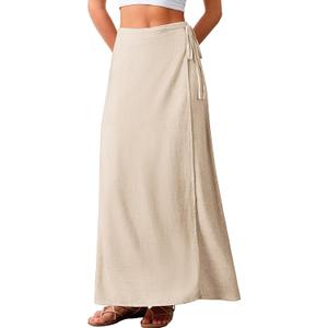 ELLEVEN Women's Linen Long Wrap Skirt Flowy Trendy Summer Elastic Waist Maxi Ankle Length Casual High Waisted A Line Vintage Sexy Boho Low Ries Midi Beach Vacations Skirts, Beige, Small