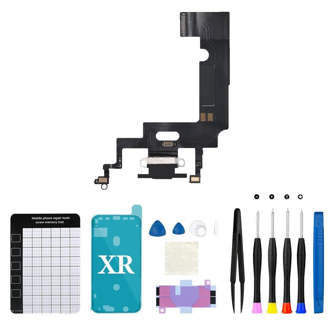 for iPhone XR Charging Port Replacement Data Dock Connector Headphone Microphone Port Antenna Flex Cable Assembly with Repair Tool Kit Waterproof Sticker for A1984 A2105 A2106 A2108