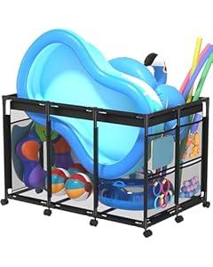 SHAPON Pool Storage Bin XX-Large, Nylon Mesh Pool Float Storage Organizer for Noodles, Goggles, Floats & Balls, Outdoor Pool Toy Storage with Rolling Cart for Swimming Equipments, Black 