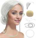 Cupohus Old Lady Costume Set Grandma Wig Granny Wig Cap Madea Granny Glasses Eyeglass Chains Cords Faux Pearl Bead Necklace Old Lady Cosplay Set 5 Pieces (silver white bun)