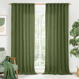 BGment Olive Green Linen 90 Inch Length Curtains for Living Room, Rod Pocket Semi Sheer Textured Drapes Rustic Country Light Filtering for Bedroom Dining Back Tab, 2 Panel, 52 Inch Wide Each Panel