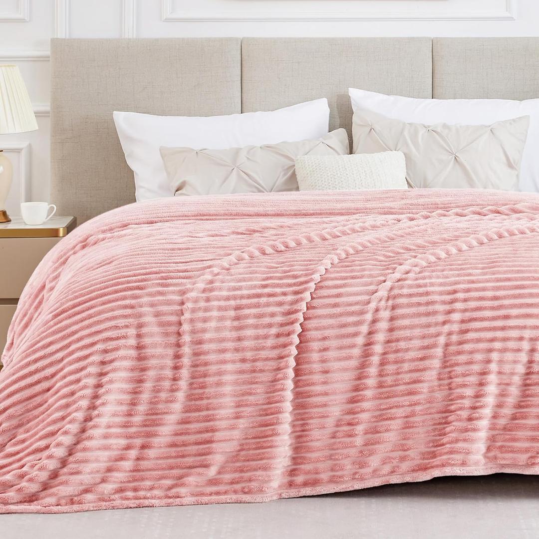 BEDELITE Full Size Blanket for Bed, 300GSM Soft & Warm Fleece Pink Blanket, Decorative and Giftable Striped Blankets for Women, Men, 84"x90"
